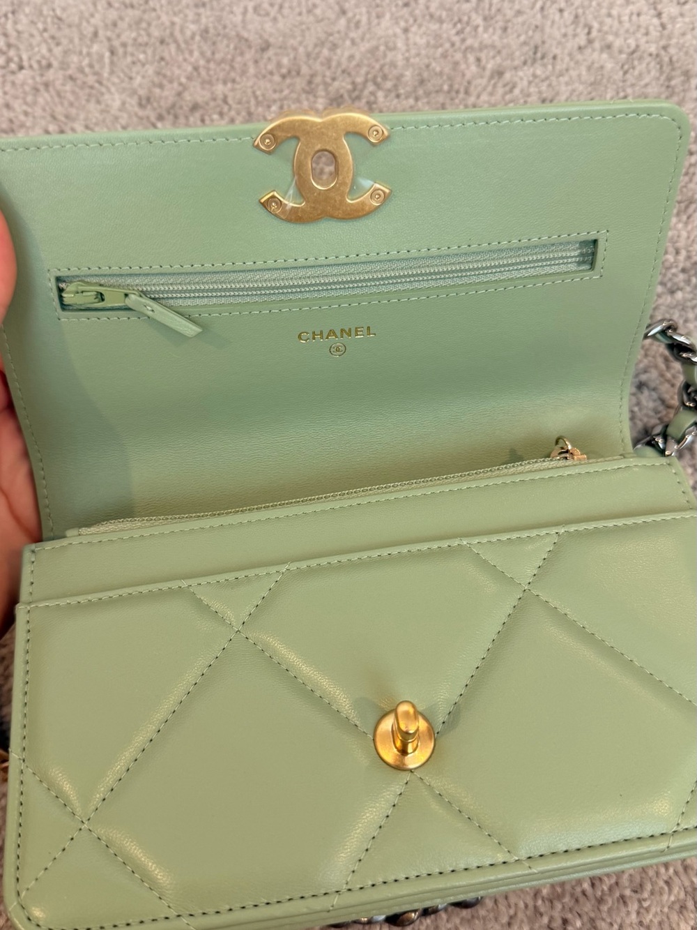 CHANEL Quilted Mini Flap Crossbody in Sage Green with Gold Chain - Picture 6 of 7